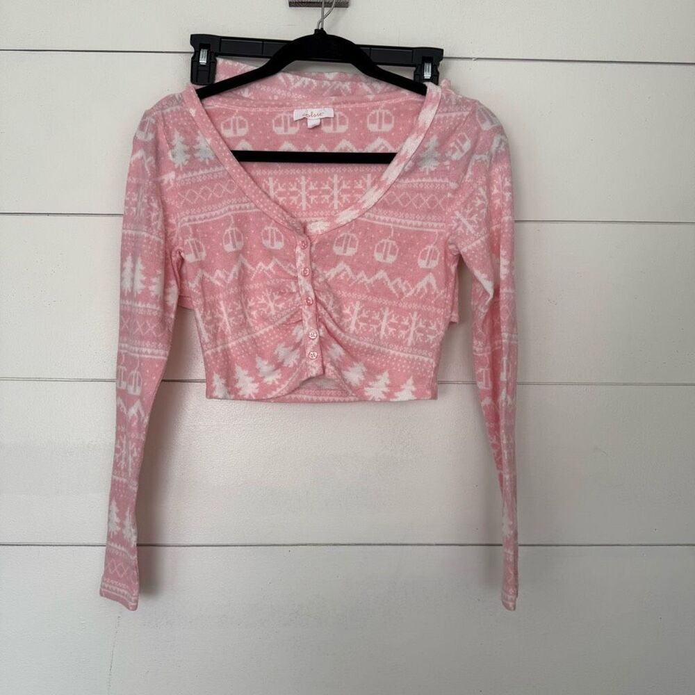 Colsie Women’s XS Pink White Fair Isle 2 Piece Pajama Set Crop Top Shorts